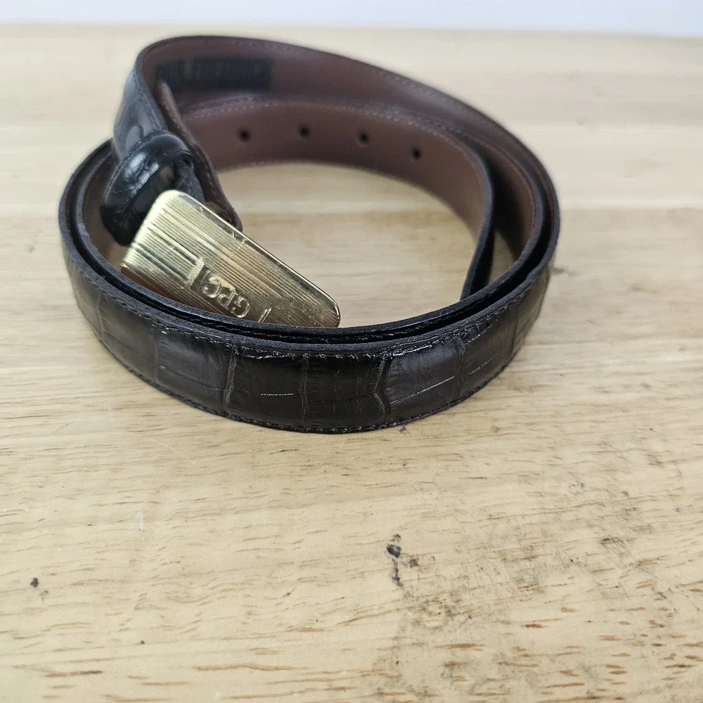 Paul Fredrick Embossed Italian Calfskin Leather Belt‎ Black Size 40 Gold 